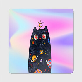 Магнит виниловый Квадрат с принтом космический кот в Курске, полимерный материал с магнитным слоем | размер 9*9 см, закругленные углы | градиент | звезды | космос | кот | месяц | планеты | солнце