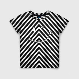 Детская футболка 3D с принтом Ulybaka BlackWhite в Курске, 100% гипоаллергенный полиэфир | прямой крой, круглый вырез горловины, длина до линии бедер, чуть спущенное плечо, ткань немного тянется | emoji | диагональ | мем | мемный | полосатый | полосы | смайл | смайлик | улыбака | чб | черно белая | эмоджи
