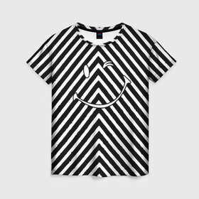 Женская футболка 3D с принтом Ulybaka BlackWhite в Курске, 100% полиэфир ( синтетическое хлопкоподобное полотно) | прямой крой, круглый вырез горловины, длина до линии бедер | emoji | диагональ | мем | мемный | полосатый | полосы | смайл | смайлик | улыбака | чб | черно белая | эмоджи