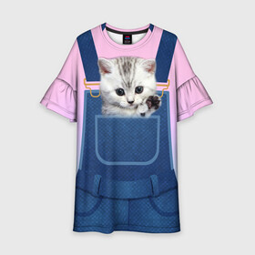Детское платье 3D с принтом Котенок в кармане в Курске, 100% полиэстер | прямой силуэт, чуть расширенный к низу. Круглая горловина, на рукавах — воланы | в кармане | в кармашке | животные | комбинезон | кот | котенок | котик | кошка