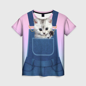 Женская футболка 3D с принтом Котенок в кармане в Курске, 100% полиэфир ( синтетическое хлопкоподобное полотно) | прямой крой, круглый вырез горловины, длина до линии бедер | в кармане | в кармашке | животные | комбинезон | кот | котенок | котик | кошка