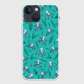 Чехол для iPhone 13 mini с принтом Осьминоги и водоросли в Курске,  |  | nature | ocean | octopus | вода | водоросли | детям | животные | зелень | кальмар | лето | море | морские жители | мультяшный | мятный | океан | острова | осьминоги | отдых | отпуск | пляж | под водой | природа