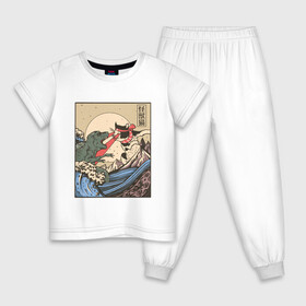 Детская пижама хлопок с принтом Cat Kong versus Godzilla Kaiju в Курске, 100% хлопок |  брюки и футболка прямого кроя, без карманов, на брюках мягкая резинка на поясе и по низу штанин
 | Тематика изображения на принте: catzilla | japan | kitty | poster parody | samurai | ukiyo e | wave | арт | большая волна | гигантский котёнок | гигантский монстр | годзилла против кинг конга | кайдзю | кот | котзилла | котик | котята | пародия на постер
