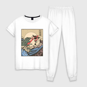 Женская пижама хлопок с принтом Cat Kong versus Godzilla Kaiju в Курске, 100% хлопок | брюки и футболка прямого кроя, без карманов, на брюках мягкая резинка на поясе и по низу штанин | Тематика изображения на принте: catzilla | japan | kitty | poster parody | samurai | ukiyo e | wave | арт | большая волна | гигантский котёнок | гигантский монстр | годзилла против кинг конга | кайдзю | кот | котзилла | котик | котята | пародия на постер