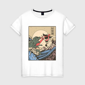 Женская футболка хлопок с принтом Cat Kong versus Godzilla Kaiju в Курске, 100% хлопок | прямой крой, круглый вырез горловины, длина до линии бедер, слегка спущенное плечо | catzilla | japan | kitty | poster parody | samurai | ukiyo e | wave | арт | большая волна | гигантский котёнок | гигантский монстр | годзилла против кинг конга | кайдзю | кот | котзилла | котик | котята | пародия на постер