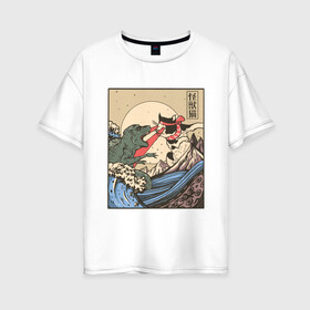 Женская футболка хлопок Oversize с принтом Cat Kong versus Godzilla Kaiju в Курске, 100% хлопок | свободный крой, круглый ворот, спущенный рукав, длина до линии бедер
 | catzilla | japan | kitty | poster parody | samurai | ukiyo e | wave | арт | большая волна | гигантский котёнок | гигантский монстр | годзилла против кинг конга | кайдзю | кот | котзилла | котик | котята | пародия на постер