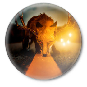 Значок с принтом Лиса с рогами оленя в Курске,  металл | круглая форма, металлическая застежка в виде булавки | fox | foxy | животное | звери | лиса | лисенок | лисичка | милая | рыжая | фокс