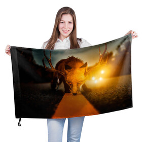 Флаг 3D с принтом Лиса с рогами оленя в Курске, 100% полиэстер | плотность ткани — 95 г/м2, размер — 67 х 109 см. Принт наносится с одной стороны | fox | foxy | животное | звери | лиса | лисенок | лисичка | милая | рыжая | фокс