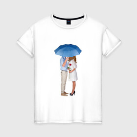 Женская футболка хлопок с принтом Любовь в Курске, 100% хлопок | прямой крой, круглый вырез горловины, длина до линии бедер, слегка спущенное плечо | женщина | зонтик | любовь | мужчина | пара