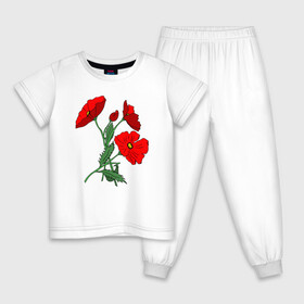 Детская пижама хлопок с принтом Букет маковых цветов в Курске, 100% хлопок |  брюки и футболка прямого кроя, без карманов, на брюках мягкая резинка на поясе и по низу штанин
 | Тематика изображения на принте: flowers | nature | poppies | алые | арт | букет | бутоны | весна | ветки | зелень | красные маки | красные цветы | лепестки | лето | листья | любовь | маки | подарок | полевые цветы | природа | растения | рисунок | сад