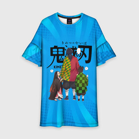 Детское платье 3D с принтом Незуко Гию и Танджиро в Курске, 100% полиэстер | прямой силуэт, чуть расширенный к низу. Круглая горловина, на рукавах — воланы | demon slayer | kamado | kimetsu no yaiba | nezuko | tanjiro | аниме | гию томиока | зеницу агацума | иноске хашибира | камадо | клинок | корзинная девочка | манга | музан кибуцуджи | незуко | рассекающий демонов | танджиро