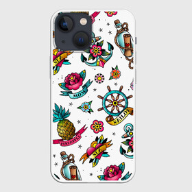 Чехол для iPhone 13 mini с принтом Old school Sailor в Курске,  |  | mom | old | old school sailor | pineapple | sailor | school | sea | ананас | бутылка | записка | карта | корабль | мама | моряк | моряк старой школы | набор | орнамент | путешествие | роза | розы | сердце | старая школа