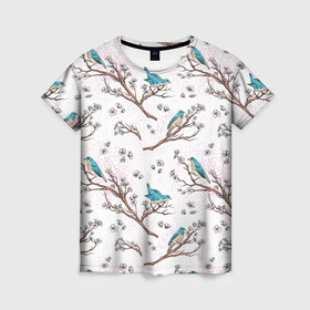 Женская футболка 3D с принтом Птички весной на ветках Сакуры в Курске, 100% полиэфир ( синтетическое хлопкоподобное полотно) | прямой крой, круглый вырез горловины, длина до линии бедер | bird | birds | branch | cherry blossom | japan | japanese | pattern | plum | sakura | spring | tree | весна | ветки | вишня | дерево | дрозды | на ветках | паттерн | птица | синий дрозд | слива | узор | ханами | цветение сакуры | япония
