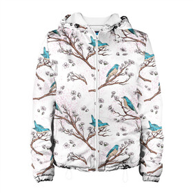 Женская куртка 3D с принтом Птички весной на ветках Сакуры в Курске, ткань верха — 100% полиэстер, подклад — флис | прямой крой, подол и капюшон оформлены резинкой с фиксаторами, два кармана без застежек по бокам, один большой потайной карман на груди. Карман на груди застегивается на липучку | bird | birds | branch | cherry blossom | japan | japanese | pattern | plum | sakura | spring | tree | весна | ветки | вишня | дерево | дрозды | на ветках | паттерн | птица | синий дрозд | слива | узор | ханами | цветение сакуры | япония