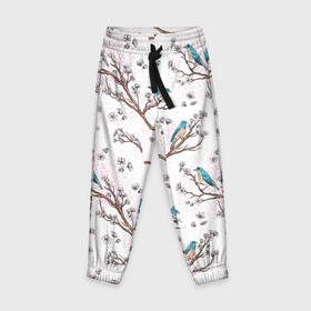 Детские брюки 3D с принтом Птички весной на ветках Сакуры в Курске, 100% полиэстер | манжеты по низу, эластичный пояс регулируется шнурком, по бокам два кармана без застежек, внутренняя часть кармана из мелкой сетки | bird | birds | branch | cherry blossom | japan | japanese | pattern | plum | sakura | spring | tree | весна | ветки | вишня | дерево | дрозды | на ветках | паттерн | птица | синий дрозд | слива | узор | ханами | цветение сакуры | япония