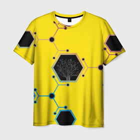 Мужская футболка 3D с принтом Cyborg Q в Курске, 100% полиэфир | прямой крой, круглый вырез горловины, длина до линии бедер | chip | geometry | дерево | киборг | нейросеть | схема