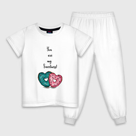 Детская пижама хлопок с принтом Пончики сердце в Курске, 100% хлопок |  брюки и футболка прямого кроя, без карманов, на брюках мягкая резинка на поясе и по низу штанин
 | глазурь | десерт | надпись | пончики | сердце | сладость