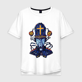 Мужская футболка хлопок Oversize с принтом Пастыри андроид в Курске, 100% хлопок | свободный крой, круглый ворот, “спинка” длиннее передней части | андроид | крест | меха | пастырь | робо | священник | стимпанк