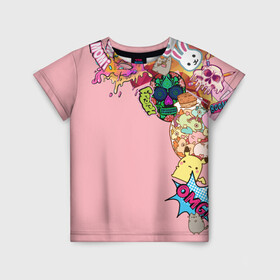 Детская футболка 3D с принтом Sticker boom! в Курске, 100% гипоаллергенный полиэфир | прямой крой, круглый вырез горловины, длина до линии бедер, чуть спущенное плечо, ткань немного тянется | Тематика изображения на принте: colors | sticker | наклейки | стикеры | цветной