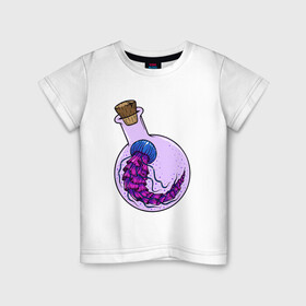 Детская футболка хлопок с принтом Лабораторная медуза в Курске, 100% хлопок | круглый вырез горловины, полуприлегающий силуэт, длина до линии бедер | колба | лабораторная | медуза | пробирка | тропическая | щупальце