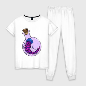 Женская пижама хлопок с принтом Лабораторная медуза в Курске, 100% хлопок | брюки и футболка прямого кроя, без карманов, на брюках мягкая резинка на поясе и по низу штанин | колба | лабораторная | медуза | пробирка | тропическая | щупальце