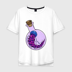 Мужская футболка хлопок Oversize с принтом Лабораторная медуза в Курске, 100% хлопок | свободный крой, круглый ворот, “спинка” длиннее передней части | колба | лабораторная | медуза | пробирка | тропическая | щупальце