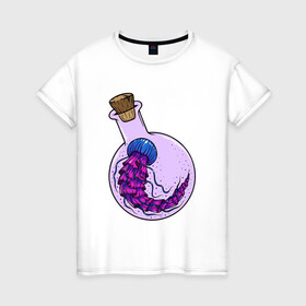 Женская футболка хлопок с принтом Лабораторная медуза в Курске, 100% хлопок | прямой крой, круглый вырез горловины, длина до линии бедер, слегка спущенное плечо | колба | лабораторная | медуза | пробирка | тропическая | щупальце