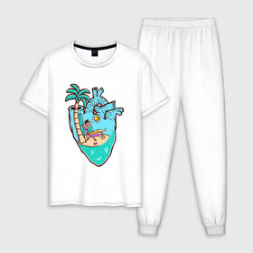Мужская пижама хлопок с принтом Лето в сердце в Курске, 100% хлопок | брюки и футболка прямого кроя, без карманов, на брюках мягкая резинка на поясе и по низу штанин
 | лето | отдых | пальма | пляж | сердце | серфинг | солнце