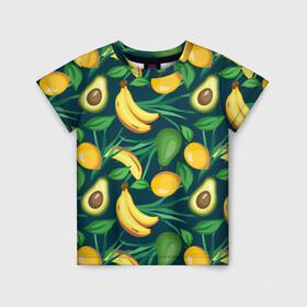 Детская футболка 3D с принтом Фрукты в Курске, 100% гипоаллергенный полиэфир | прямой крой, круглый вырез горловины, длина до линии бедер, чуть спущенное плечо, ткань немного тянется | Тематика изображения на принте: avokado | авокадо | бананы | лимоны | фрукты