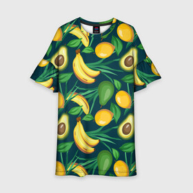 Детское платье 3D с принтом Фрукты в Курске, 100% полиэстер | прямой силуэт, чуть расширенный к низу. Круглая горловина, на рукавах — воланы | Тематика изображения на принте: avokado | авокадо | бананы | лимоны | фрукты