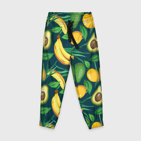 Детские брюки 3D с принтом Фрукты в Курске, 100% полиэстер | манжеты по низу, эластичный пояс регулируется шнурком, по бокам два кармана без застежек, внутренняя часть кармана из мелкой сетки | Тематика изображения на принте: avokado | авокадо | бананы | лимоны | фрукты