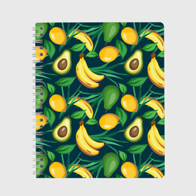 Тетрадь с принтом Фрукты в Курске, 100% бумага | 48 листов, плотность листов — 60 г/м2, плотность картонной обложки — 250 г/м2. Листы скреплены сбоку удобной пружинной спиралью. Уголки страниц и обложки скругленные. Цвет линий — светло-серый
 | Тематика изображения на принте: avokado | авокадо | бананы | лимоны | фрукты