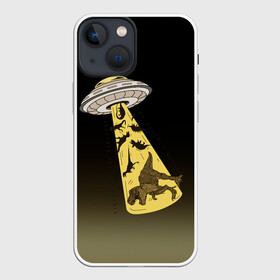 Чехол для iPhone 13 mini с принтом НЛО похищает динозавров в Курске,  |  | Тематика изображения на принте: дино | динозавры | инопланетяни | летающая тарелка | наса | нло