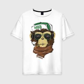 Женская футболка хлопок Oversize с принтом Cool обезьяна в Курске, 100% хлопок | свободный крой, круглый ворот, спущенный рукав, длина до линии бедер
 | кепка | крутая обезьяна | обезьяна | очки | смешная | шарф