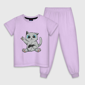 Детская пижама хлопок с принтом Британский кот геймер в Курске, 100% хлопок |  брюки и футболка прямого кроя, без карманов, на брюках мягкая резинка на поясе и по низу штанин
 | Тематика изображения на принте: british | cat | cats | cute | gamer | kawaii | kitten | kitty | pussycat kawaii | британец | британская короткошерстная | джойстик | игрок | игрома | игры | консоль | котейка | котёнок | котик | котяра | кошечка | кошка | милота