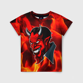 Детская футболка 3D с принтом The devil is on fire в Курске, 100% гипоаллергенный полиэфир | прямой крой, круглый вырез горловины, длина до линии бедер, чуть спущенное плечо, ткань немного тянется | 666 | fire | lucifer | демон | дьявол | люцифер | монстр | огонь | пламя | сатана | текстура