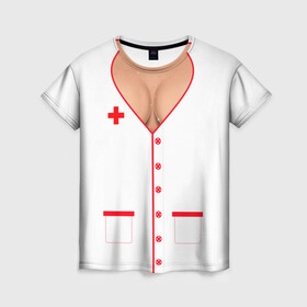 Женская футболка 3D с принтом Халат медсестры в Курске, 100% полиэфир ( синтетическое хлопкоподобное полотно) | прямой крой, круглый вырез горловины, длина до линии бедер | аниме | врач | грудь | доктор | красный | крест | медик | медицинский | медсестрички | японская