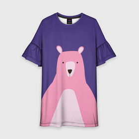 Детское платье 3D с принтом Розовый мишка в Курске, 100% полиэстер | прямой силуэт, чуть расширенный к низу. Круглая горловина, на рукавах — воланы | Тематика изображения на принте: альпака | звезды | медведь | мишка | ночь