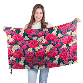 Флаг 3D с принтом Поле роз в Курске, 100% полиэстер | плотность ткани — 95 г/м2, размер — 67 х 109 см. Принт наносится с одной стороны | арт | белые цветы | белый цветок | красный цветок | поле | поле цветов | рисунок | роза | розы | цветок | цветы