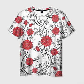 Мужская футболка 3D с принтом Куст роз в Курске, 100% полиэфир | прямой крой, круглый вырез горловины, длина до линии бедер | арт | красные цветы | красный цветок | куст | куст роз | кусты | листок | листья | поле | поле цветов | рисунок | роза | розы | цветок | цветы | шип | шипы