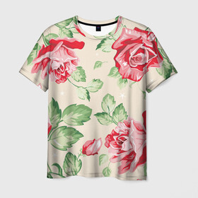 Мужская футболка 3D с принтом Розы в Курске, 100% полиэфир | прямой крой, круглый вырез горловины, длина до линии бедер | арт | красные цветы | красный цветок | лист | листья | поле | поле цветов | рисунок | роза | розовая роза | розовые розы | розовые цветы | розовый цветок | розы | цветок | цветы