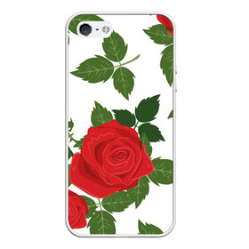 Чехол для iPhone 5/5S матовый с принтом Большие розы в Курске, Силикон | Область печати: задняя сторона чехла, без боковых панелей | арт | белый | большие бутоны | большие розы | большой бутон | зелёный | красная роза | красные розы | красные цветы | красный | красный цветок | листок | листья | поле | поле цветов | рисунок | роза