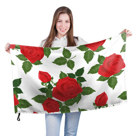 Флаг 3D с принтом Большие розы в Курске, 100% полиэстер | плотность ткани — 95 г/м2, размер — 67 х 109 см. Принт наносится с одной стороны | арт | белый | большие бутоны | большие розы | большой бутон | зелёный | красная роза | красные розы | красные цветы | красный | красный цветок | листок | листья | поле | поле цветов | рисунок | роза