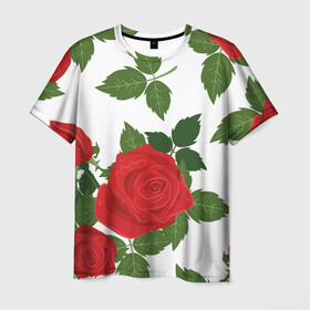 Мужская футболка 3D с принтом Большие розы в Курске, 100% полиэфир | прямой крой, круглый вырез горловины, длина до линии бедер | арт | белый | большие бутоны | большие розы | большой бутон | зелёный | красная роза | красные розы | красные цветы | красный | красный цветок | листок | листья | поле | поле цветов | рисунок | роза