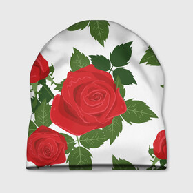 Шапка 3D с принтом Большие розы в Курске, 100% полиэстер | универсальный размер, печать по всей поверхности изделия | арт | белый | большие бутоны | большие розы | большой бутон | зелёный | красная роза | красные розы | красные цветы | красный | красный цветок | листок | листья | поле | поле цветов | рисунок | роза