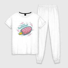 Женская пижама хлопок с принтом Сладкое лето в Курске, 100% хлопок | брюки и футболка прямого кроя, без карманов, на брюках мягкая резинка на поясе и по низу штанин | ice cream | summer | лето | мороженка | эскимо