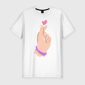 Мужская футболка хлопок Slim с принтом Саранхэ в Курске, 92% хлопок, 8% лайкра | приталенный силуэт, круглый вырез ворота, длина до линии бедра, короткий рукав | Тематика изображения на принте: k pop | любовь | рука парня | саранхэ | сердце