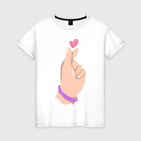 Женская футболка хлопок с принтом Саранхэ в Курске, 100% хлопок | прямой крой, круглый вырез горловины, длина до линии бедер, слегка спущенное плечо | Тематика изображения на принте: k pop | любовь | рука парня | саранхэ | сердце