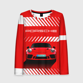 Женский лонгслив 3D с принтом PORSCHE / ПОРШЕ / RED STYLE в Курске, 100% полиэстер | длинные рукава, круглый вырез горловины, полуприлегающий силуэт | 911 | auto | carrera | cayenne | macan | porsche | sportcar | taycan | автомобиль | градиент. | каен | карера | красный | макан | полосы | порш | порше | спорт | спорткар | тайкан