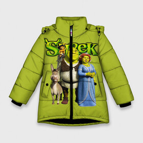 Зимняя куртка для девочек 3D с принтом Шрек/Shrek в Курске, ткань верха — 100% полиэстер; подклад — 100% полиэстер, утеплитель — 100% полиэстер. | длина ниже бедра, удлиненная спинка, воротник стойка и отстегивающийся капюшон. Есть боковые карманы с листочкой на кнопках, утяжки по низу изделия и внутренний карман на молнии. 

Предусмотрены светоотражающий принт на спинке, радужный светоотражающий элемент на пуллере молнии и на резинке для утяжки. | cartoon | fiona | shrek | болото | детям | комедия | кот в сапогах | мультик | огр | осел | персонажи мультфильмов | тролль | фиона | шрек